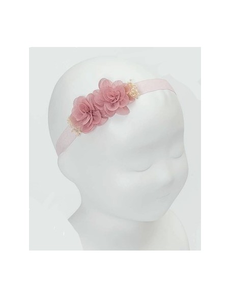 CINTA ROSA FRANCIA DE PELO PARA BEBÉ CON FLORES Y GYPSOPHILA