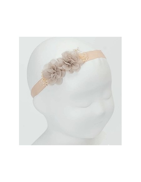 CINTA BEIG DE PELO PARA BEBÉ CON FLORES Y GYPSOPHILA