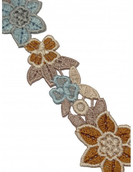 Guipur flores tonos tostados azules 43mm