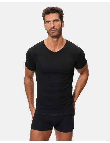 Camiseta Térmica Manga Corta Cuello Pico Algodón 100% negra hombre